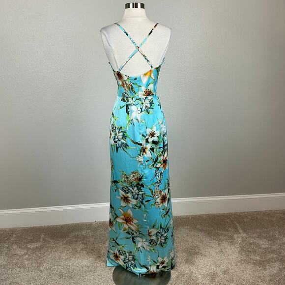 Vince Camuto Backless Floral Satin Sleeveless Maxi Dress Colorful Blue Size 14 - Picture 3 of 13